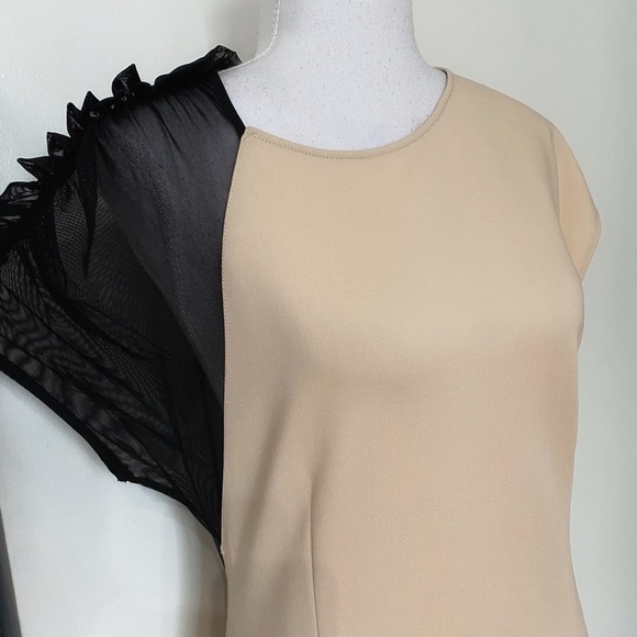 BABYLON COLLECTION CREAM BLACK CINCHED RUFFLE SHEER MESH MIDI FORMAL DRESS - L - Picture 4 of 10